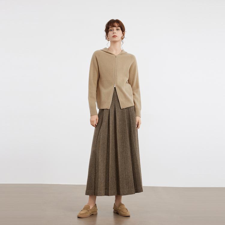 ELLE French Style Solid Color Mid-Length Pleated Skirt Wool Casual Long Skirt Women skirts Brown ER49917