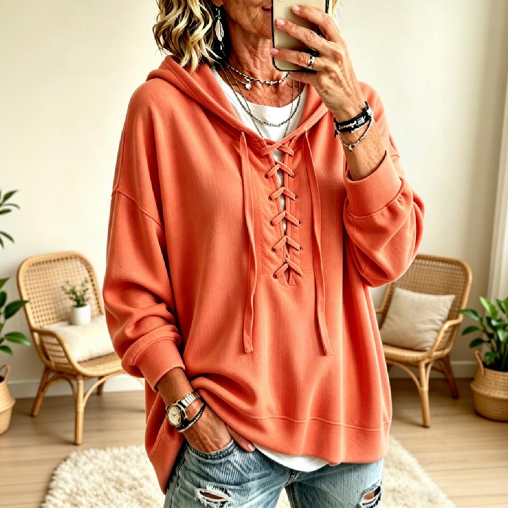 Women's Casual Pullover Hoodie, Loose Fit, Drop Shoulder, Color