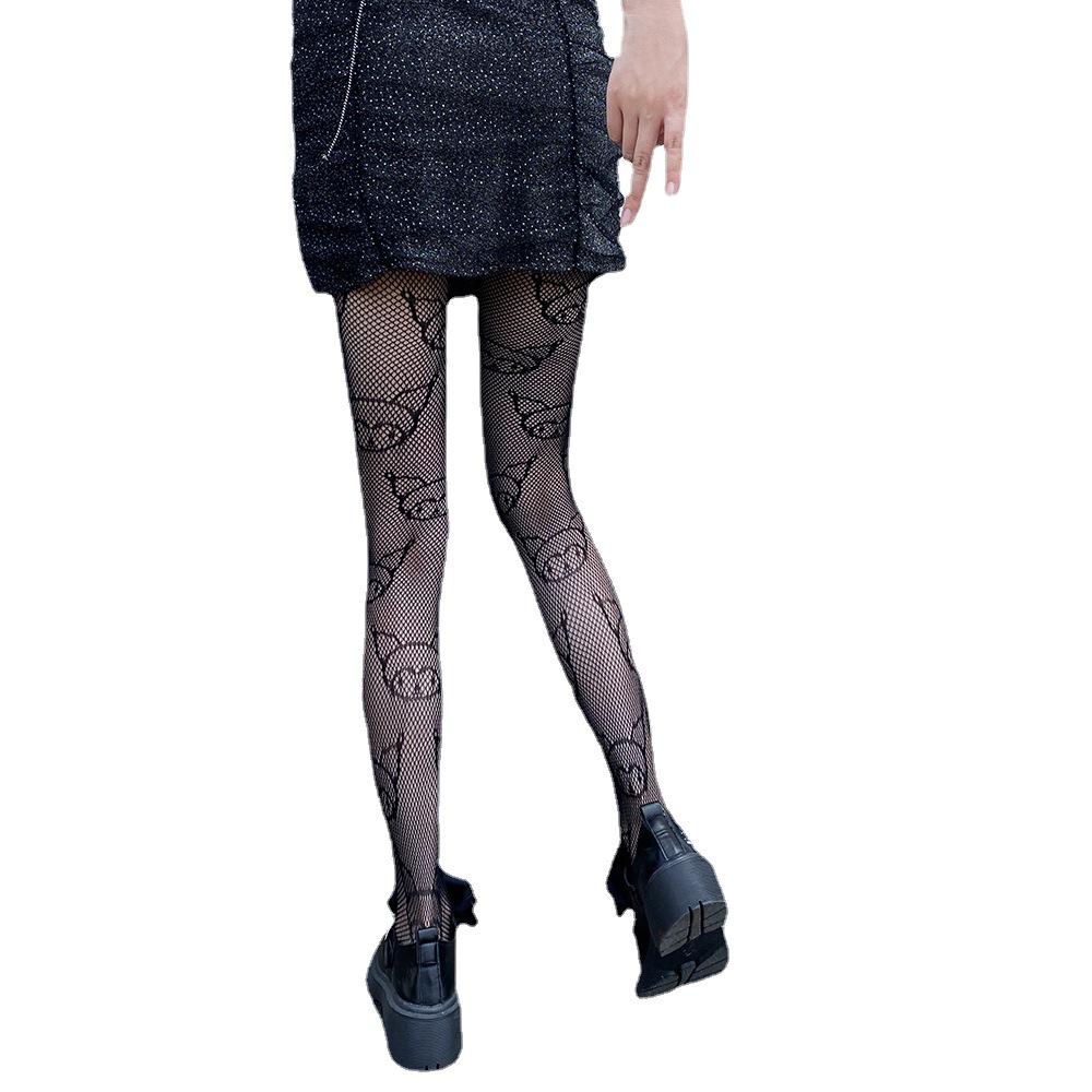 Japanese Kitty Pattern Cute Fishnet Socks - Black Jacquard Hollow Stockings