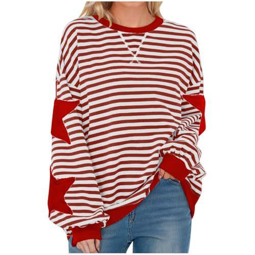 Women's Crew Neck Long Sleeve Sweatshirt A Line Fit Striped Star Patchwork Casual Spring Pullover Top