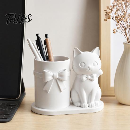 Cat Pen Holder, Cute Kitty Desk Organizer with Pens, Pencils, Makeup Brushes, 3D Printed Cat Sculpture for Home Office Desk Decor