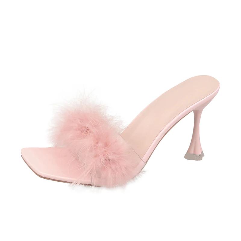 Fashion Plus Size 2025 New Women's Open Toe Slippers Square Toe Feather Thin Heels Sandals Summer Fashion Party Dress Slippers Zapatos