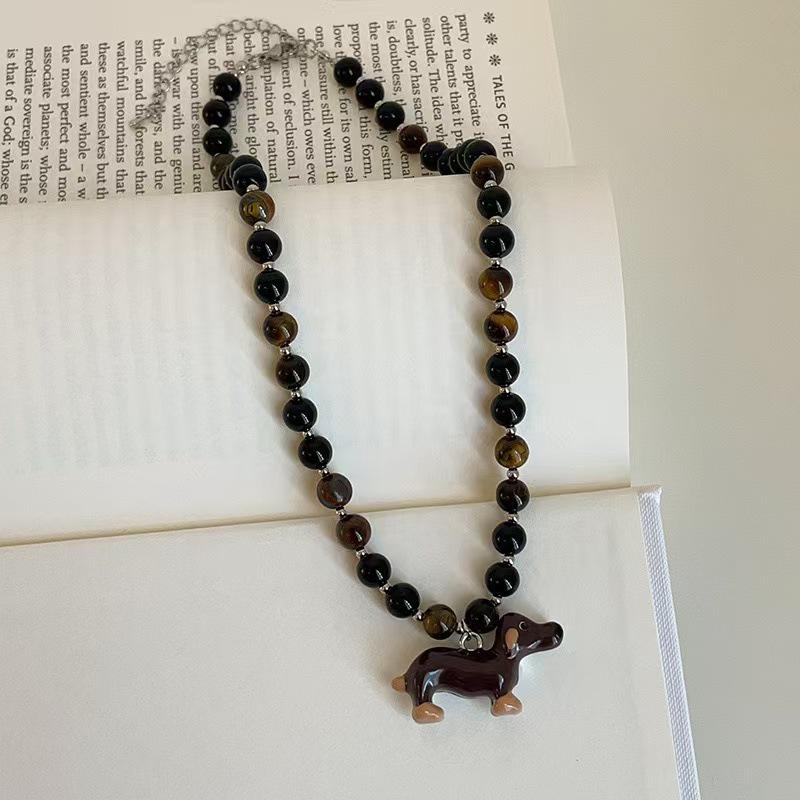 Dachshund Cartoon Pendant Necklace with Tiger Eye Beads - Cute, Elegant, and Versatile Choker for Women