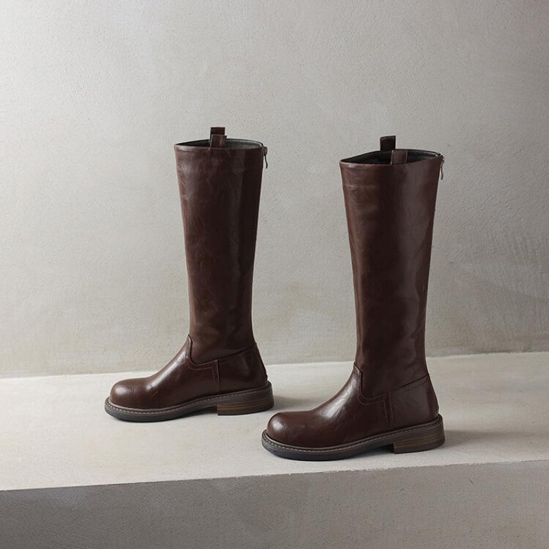 Herbst- und Winter Damenstiefel mit hohem Schaft, dicksohlige, rutschfeste Damenstiefel in großen Größen, neue Lederstiefel mit niedrigem Absatz, neue Reiterstiefel mit Blockabsatz