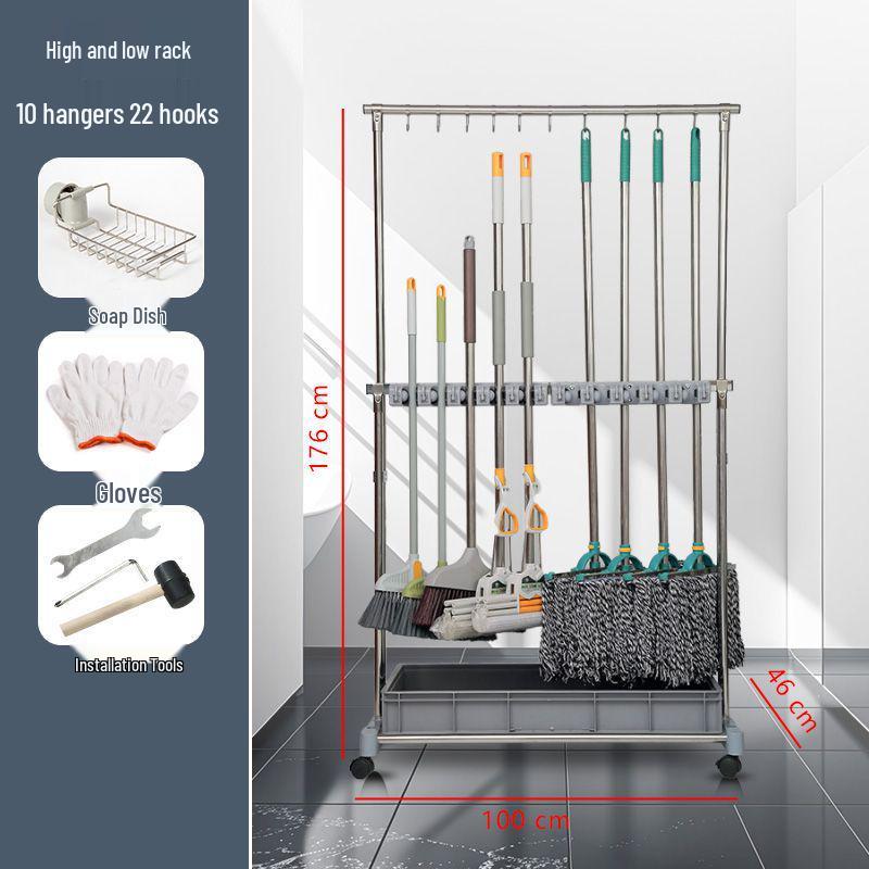 Movable Stainless Steel Mop Storage Rack with Hooks for Floor-Standing Draining in Schools and Factories