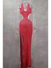 Spring/Summer Deep V Cut-Out Lurex Hand-Crocheted Knit Dress with Lace-Up Slit