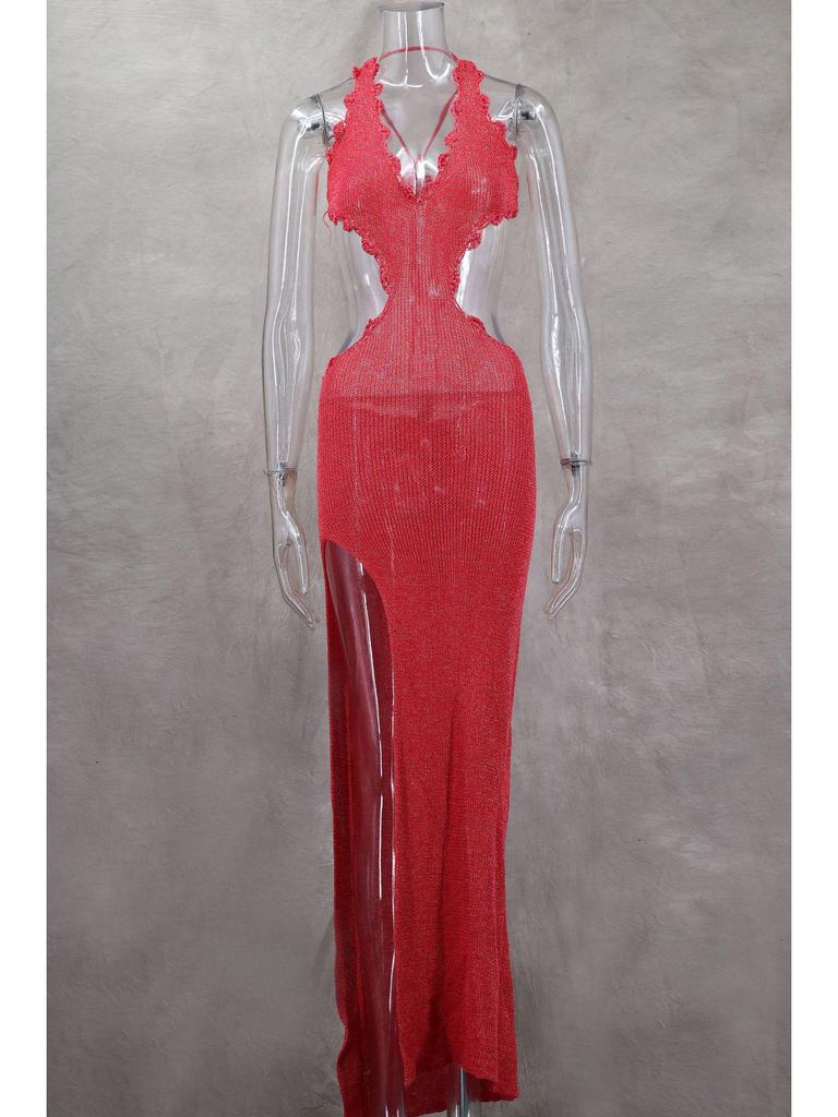 Spring/Summer Deep V Cut-Out Lurex Hand-Crocheted Knit Dress with Lace-Up Slit