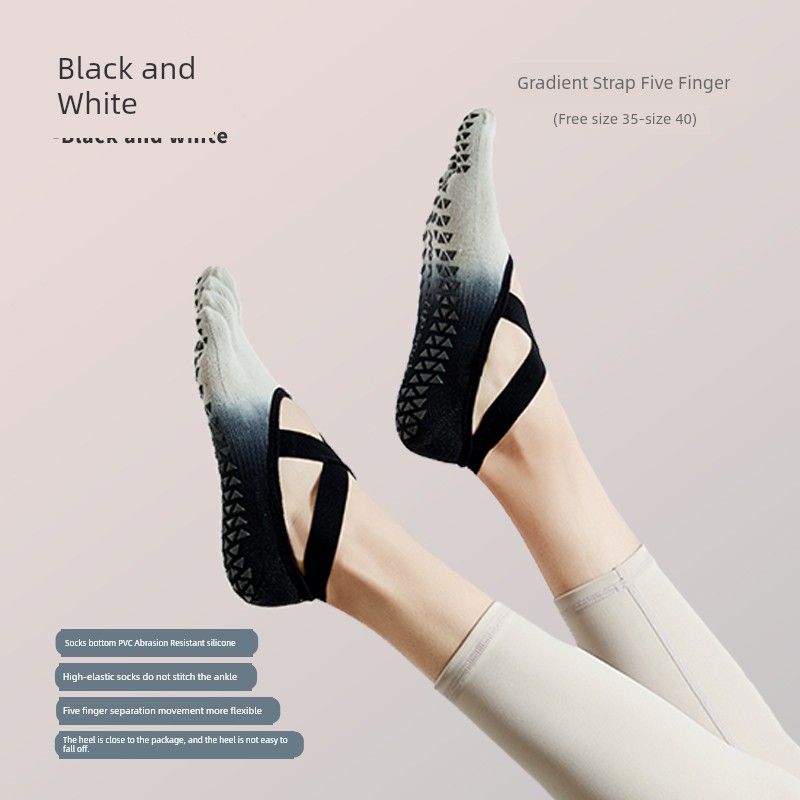 

Носки для йоги, носки с пальцами, носки для пилатеса для женщин, нескользящие носки, летние носки для помещений, профессиональные спортивные носки, фитнес-носки с пальцами, тонкие [Cross] Gradient Black and White