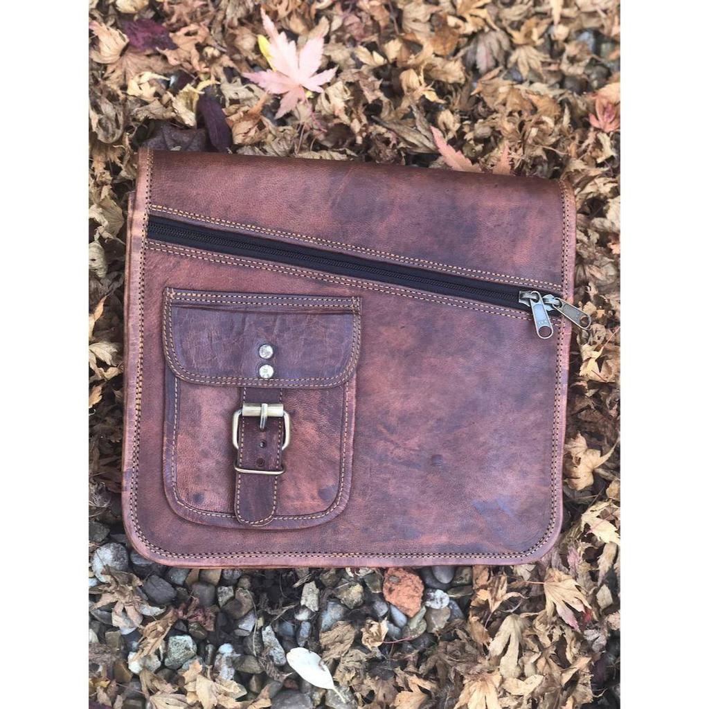 Rustic leather satchel, vintage-look leather messenger, leather shoulder/crossbody satchel, quirky iPad bag 11”x9”, gift for Father’s Day