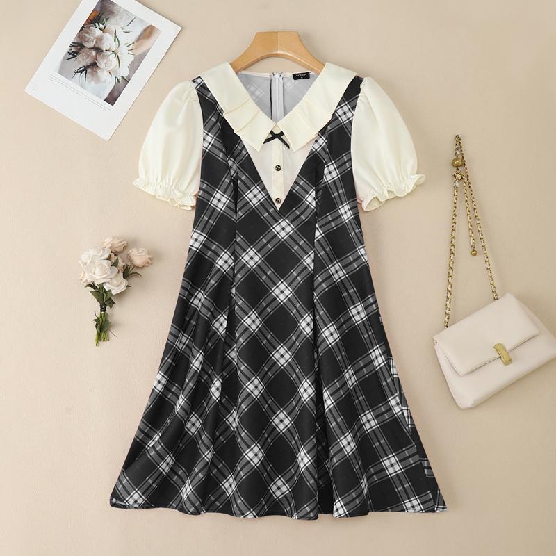 VONDA Women Elegant Puff Sleeve Stitching Neck Casual Mini Pleated Dress