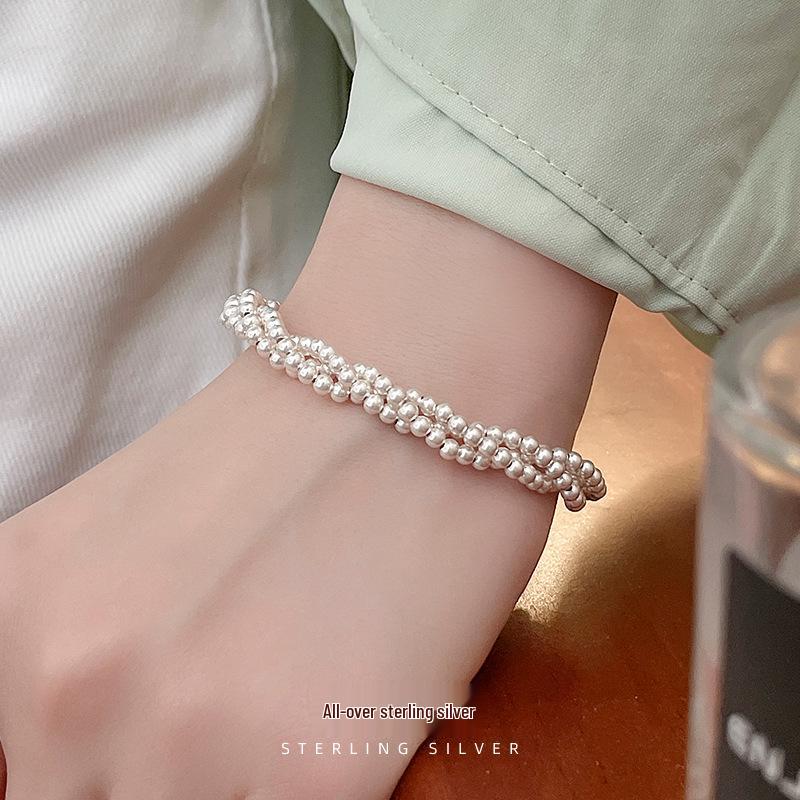 Cui Yan S925 Sterling Silver Korean Style Women's Three-Strand Bead Bracelet