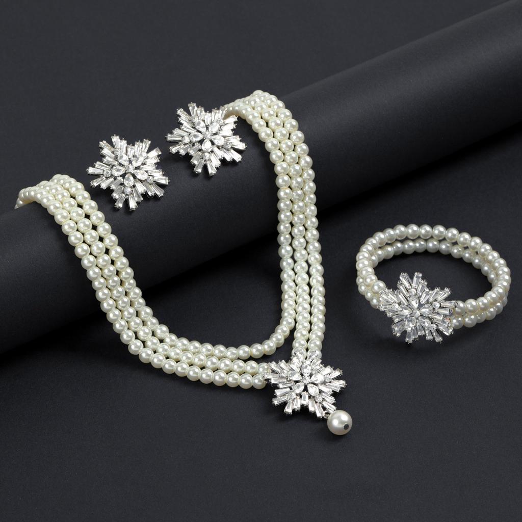 Imitation Pearl Necklace Earrings Bracelet Three-piece High-end Prom Bridal Dress Jewelry Set Fashion Accessories