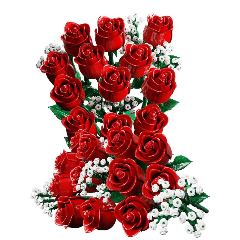 968 st Romantisk Ros Blomma Bukett Byggklossar Kreativ Hem Skrivbord Växt Dekoration Monteringskloss Leksak För Gåvor Flicka Dam