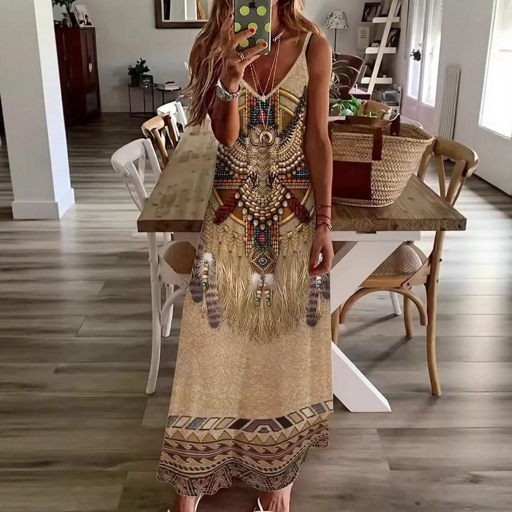Women's European and American Cross-border New Women's Clothing Fashion Casual Printing Suspender Dress Long Dress Source Factory Hair