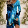 Women S Criss Cross V Neck Long Sleeve Blue Marble Printed Curved Hem Dress