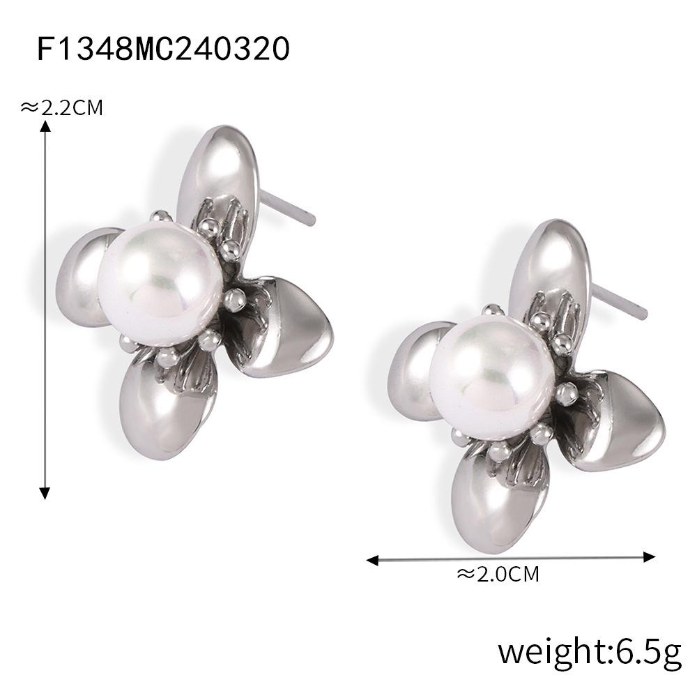 

French Niche Cold Wind Geometric Jewelry Flower Shape Inlaid Imitation Pearl Design Copper Material Gold-Plated Earrings