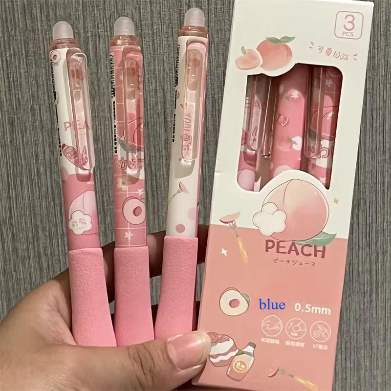 

3 шт./набор Милая стираемая ручка с кнопкой Пастельная Каваии Нажимная 0,5 мм Ручка с черными и синими чернилами с мягким захватом Цвет персикового сока Принадлежности для учебы