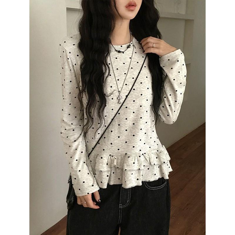 Women's Autumn Ribbed Velour Polka Dot Ruffle Hem Top