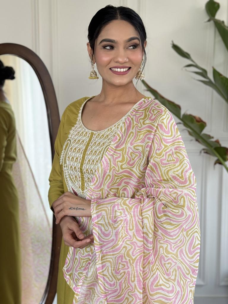 Indian Designer Slub Kurta Pant Dupatta Set Women Bollywood Top Tunic Kurti Salwar Kameez