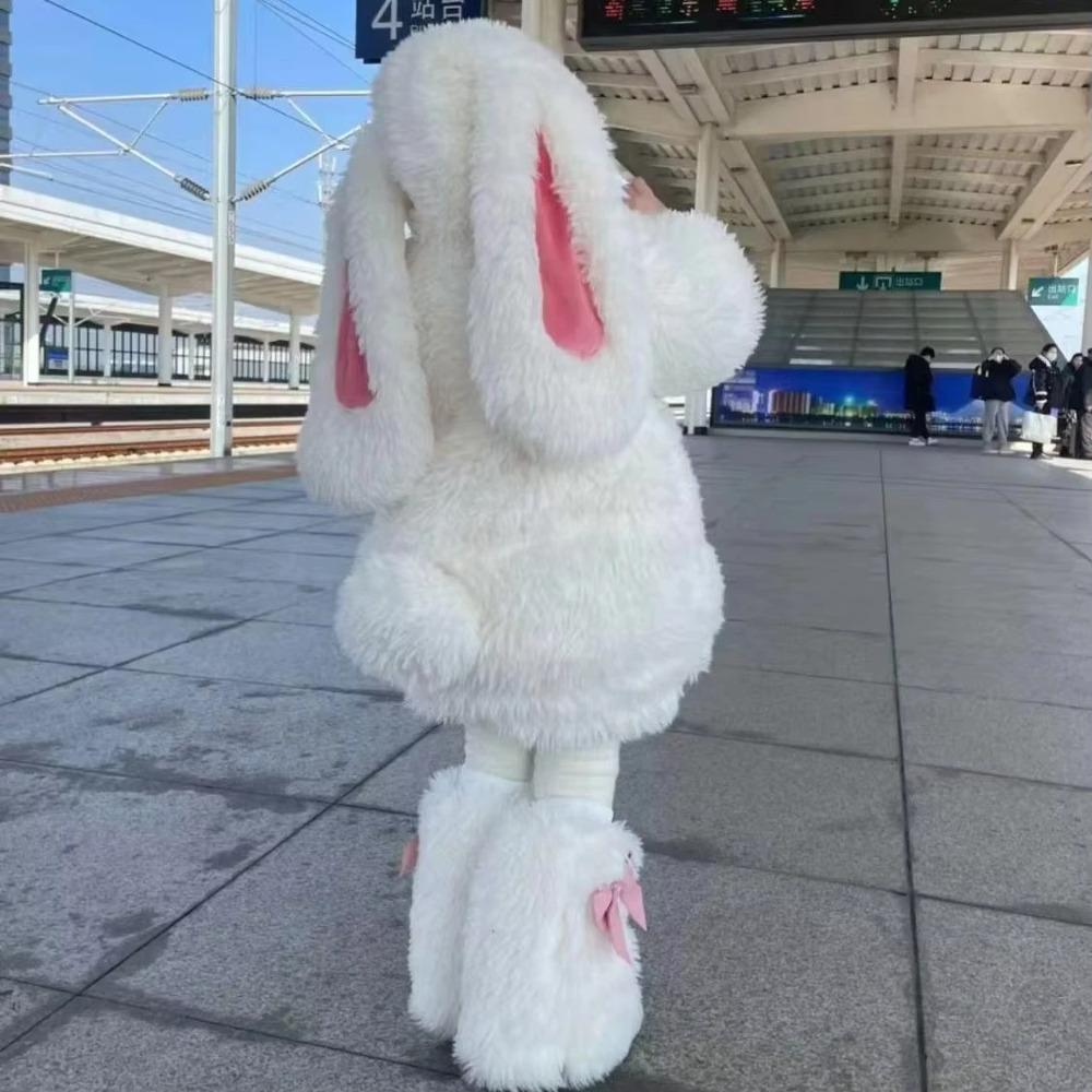 Costume da Coniglio Peluche Cartone Animato per Bambini Cosplay Kawaii Set Invernali Caldi per Bambini Top Pantaloni Cappello Tuta Outfit per Feste di Halloween Ragazza Regalo