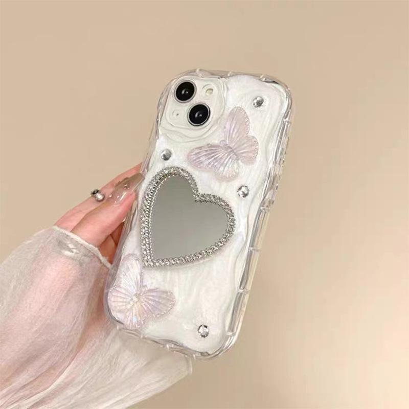 Rhinestone Butterfly Phone Case for Apple 17Pro Love Edge Rhinestone Glass Mirror for Apple 15 Drop Glue Fine Hole Soft