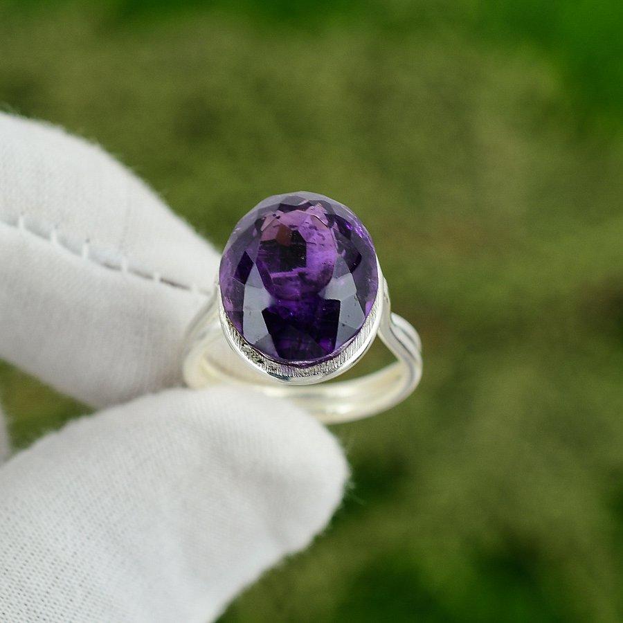 African Amethyst Gemstone 925 Sterling Silver Statement Art Deco Ring Size 6.5
