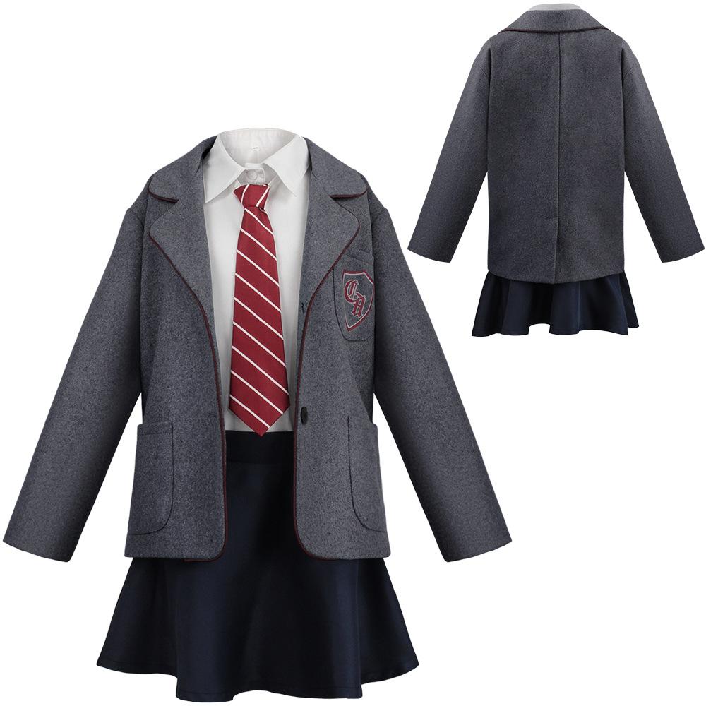 Matilda School Uniform Cosplay Costume, Grey Blazer & Skirt with Tie for Halloween & Movie Themed Cosplay Events