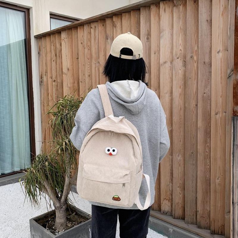 Schoolbagins Wind Corduroy Backpack Cute Eyes Cartoon School Bag Japanese Vintage Middle School Student Casual Backpack