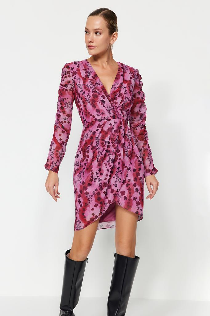 Women's Fashion Casual Standard Sleeve Mini Navy Blue Collar Detailed Lined Chiffon Woven Dress