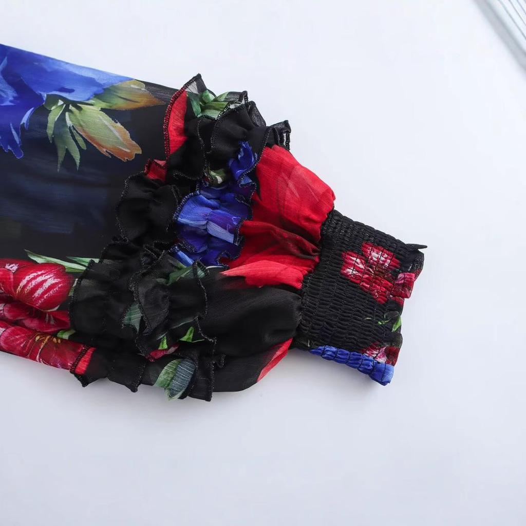 2025 Spring Women's Plus Size Chiffon Print Long Sleeve Shirt - European & American Fashion
