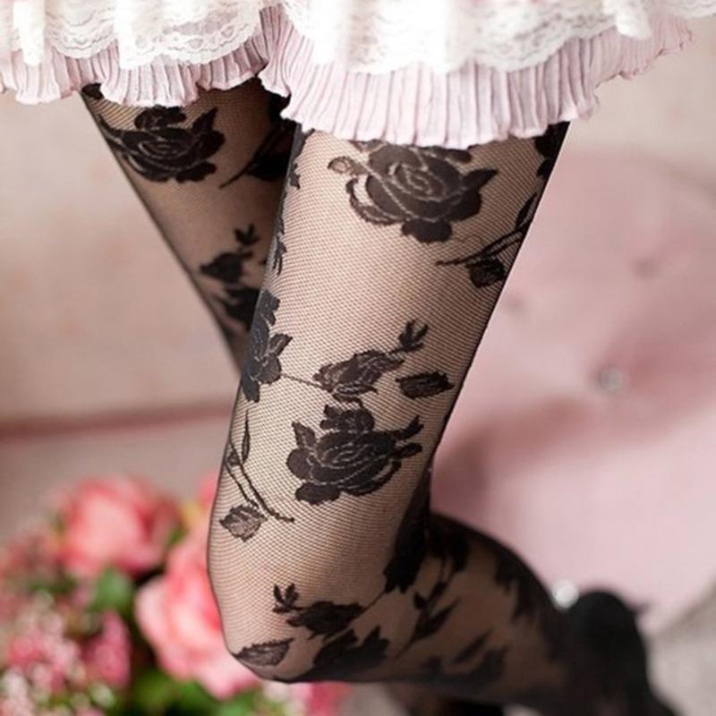 Women Sexy Rose Tattoo Tights Thin Sheer Hollow Out Pantyhose Floral Hosiery Collant Femme Medias Fantaisie