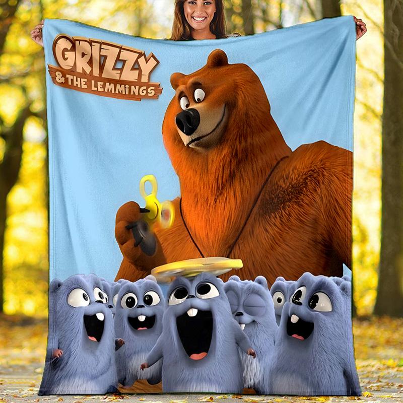 1 Stück Grizzy The Lemmings1 Thema Decke - Digitaldruck, Polyester, Gemütlich für alle Jahreszeiten, Perfekt für Draußen, Camping und Reisen