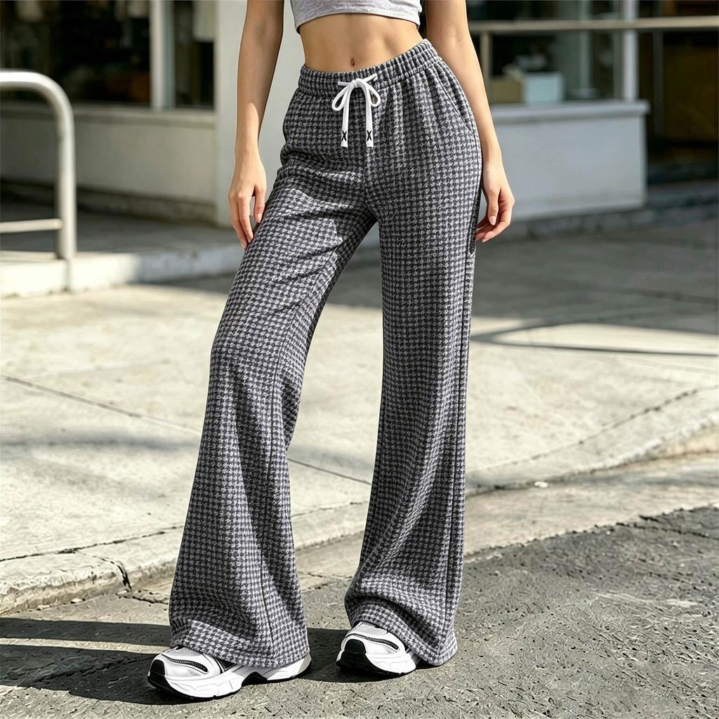 Women's Plaid Flare Pants with Waist for Casual and Home Wear