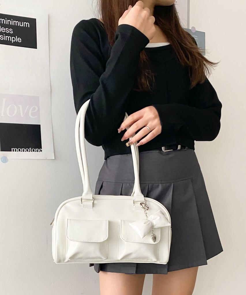 WEGO Boston Bag with School Deco Shoulder Korean School School Size White Charm, Bag, Bag, Bag, Style, Casual, Girly, Bag, Gift, Present, Bag,