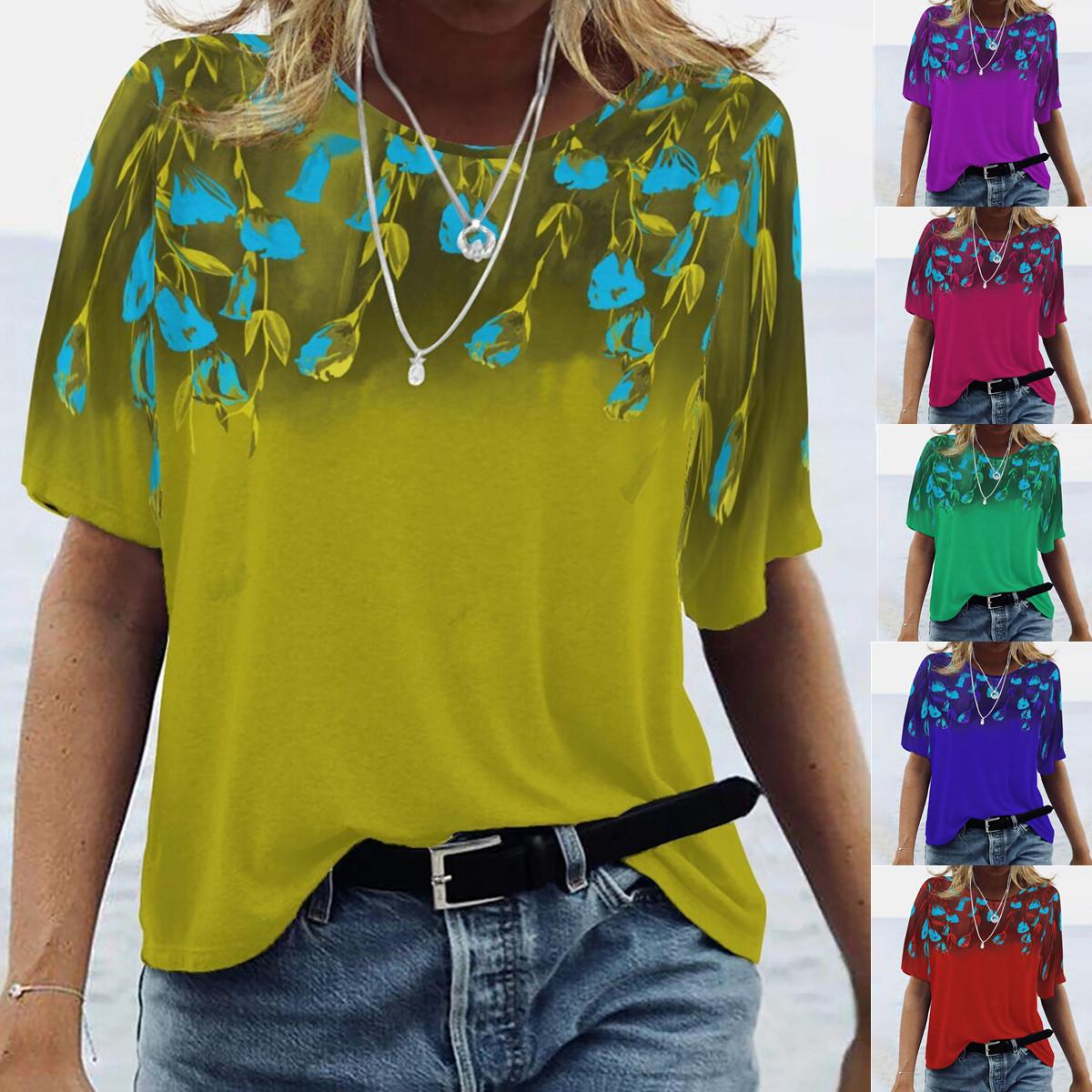 

Летняя новая модная женская повседневная футболка с круглым вырезом и коротким рукавом с принтом размера плюс S-2XL