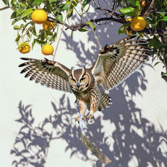 Κρεμαστή Ψεύτικη Κουκουβάγια 2D Επίπεδη Κουκουβάγια Ομοίωμα με Ανακλαστική Ταινία Διακόσμηση Αετού με Κουδούνι για να Απομακρύνει τα Περιστέρια