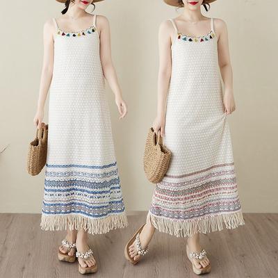 Real Shot Summer New Ethnic Style Loose Embroidery Flower Suspender Dress Women's Medium and Long