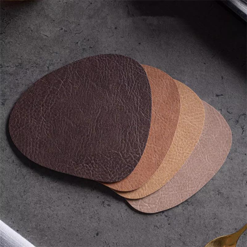 Shaped Cowhide Pattern Coasters Waterproof Heat Insulation Non-slip Mats PU Leather Plate Mat Bowl Cups Things for The Kitchen