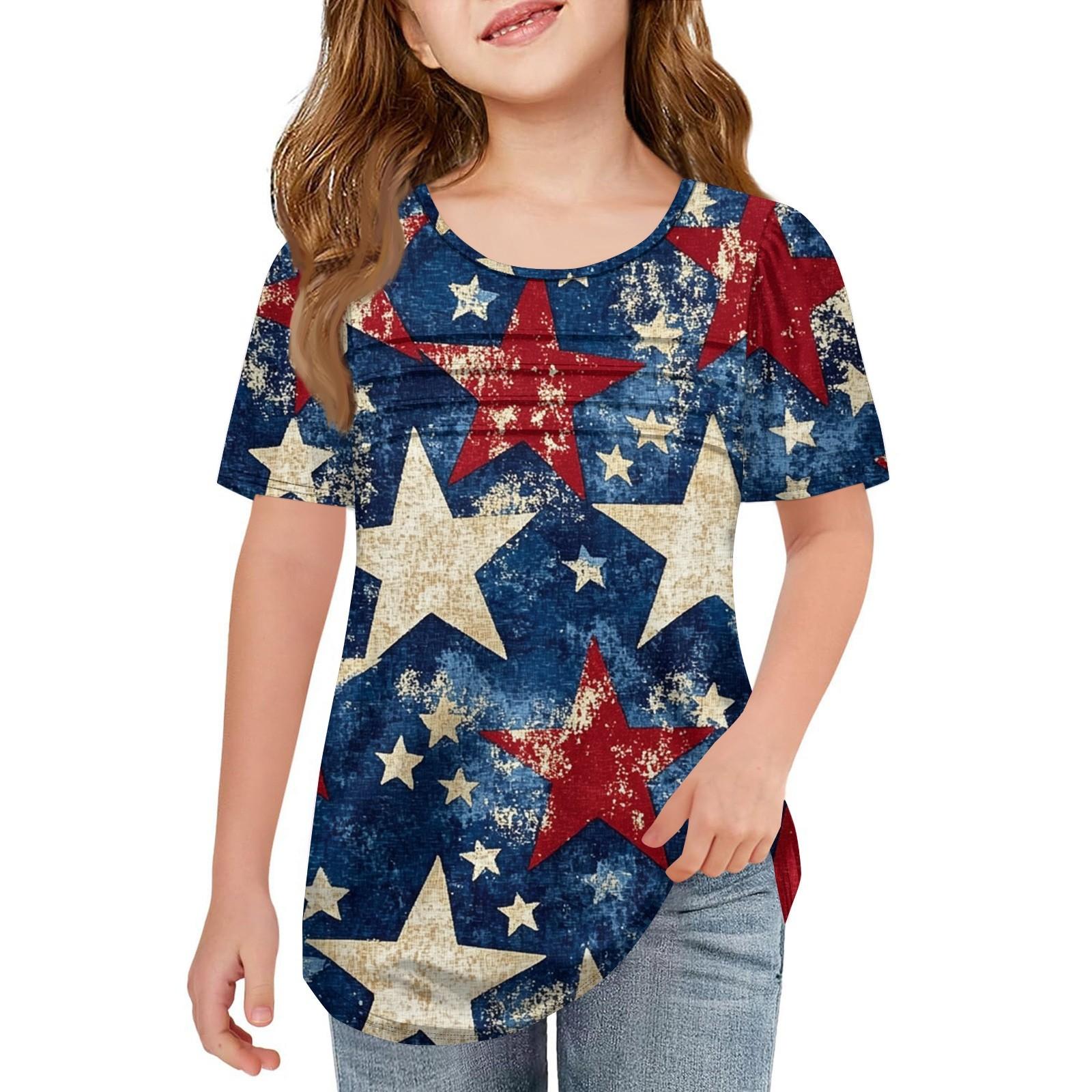 

Детская плиссированная футболка с коротким рукавом, летняя футболка с круглым вырезом и принтом «День независимости» 160