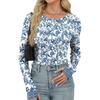 Camiseta de Fondo Ajustada para Mujer y Invierno Moda Casual Estampado Degradado Cuello Redondo Jersey Manga Larga Top