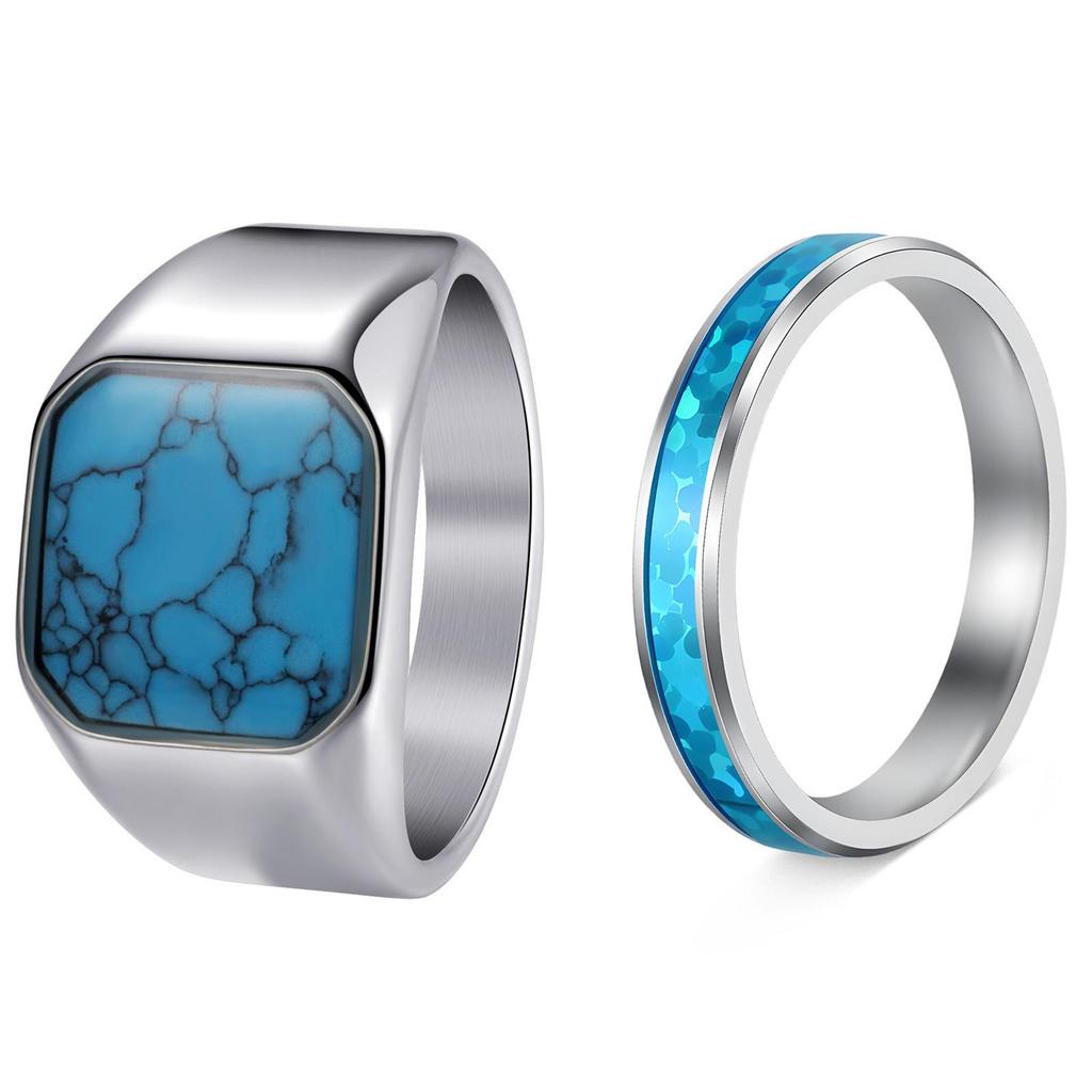 Cross-Border Stainless Steel Couple Wedding Rings with Turquoise, Opal & Seal Designs