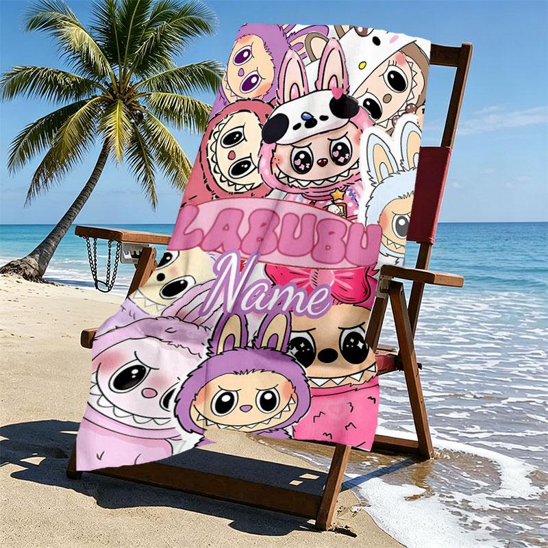 Custom Name Personalized Labubu Print Beach Towel, for Trip Camping Beach Party Home Decor, Birthday Gift for Family & Friends