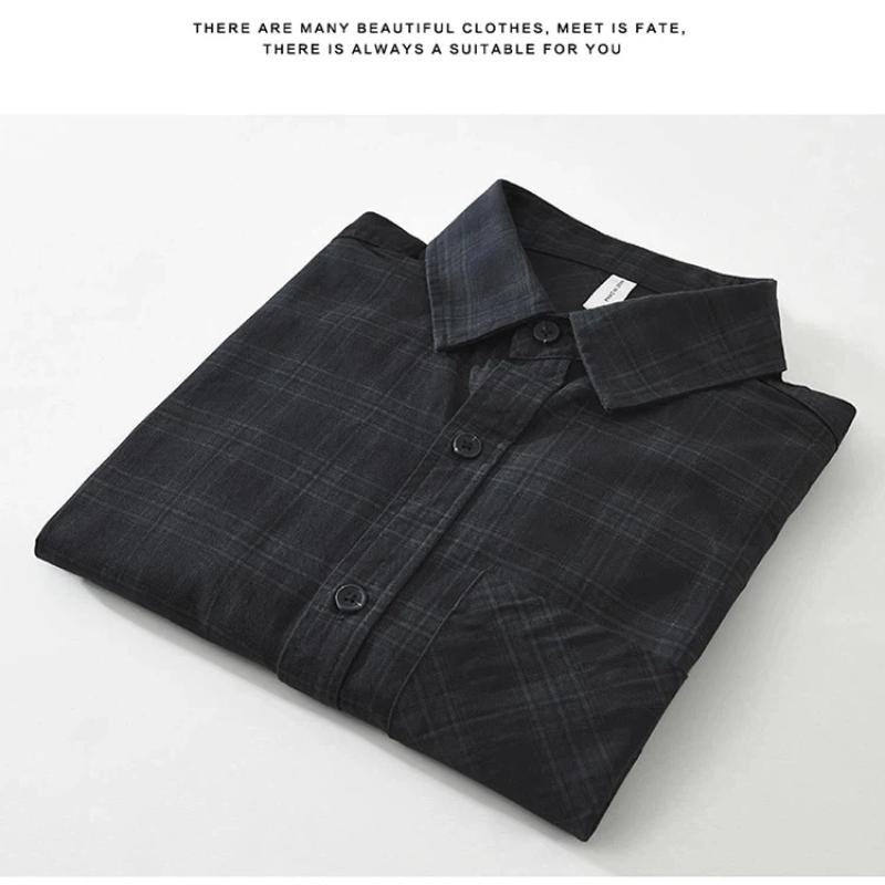 Japanese Retro Plaid Shirt Men Long Sleeve Spring and Summer New Man Shirts Daily Pure Cotton Casual Tops with Pocket