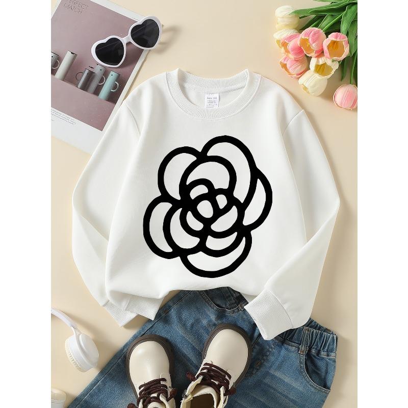 Black And White Floral Patterned Crewneck Sweatshirt for Girls, Suitable for Machine Washing. Ideal for Spring And Autumn,