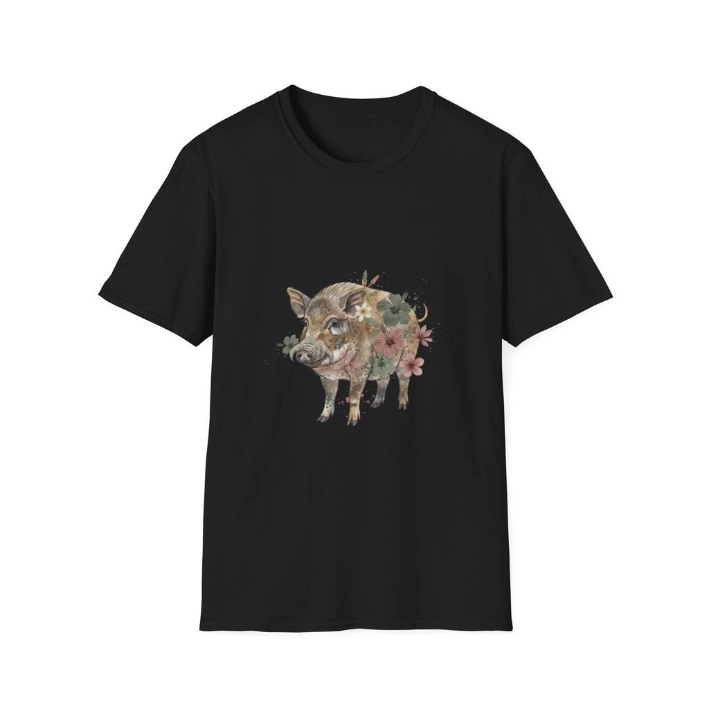 Wild Boar Floral Watercolor Boho Black Tee Nature Aesthetic T-Shirt