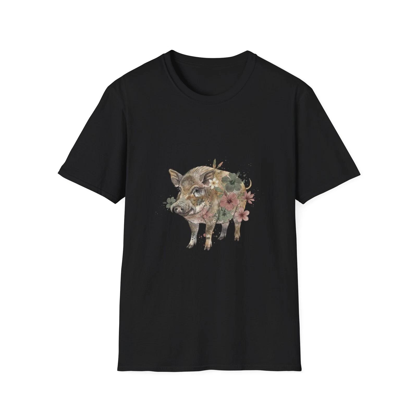 Wild Boar Floral Watercolor Boho Black Tee Nature Aesthetic T-Shirt S