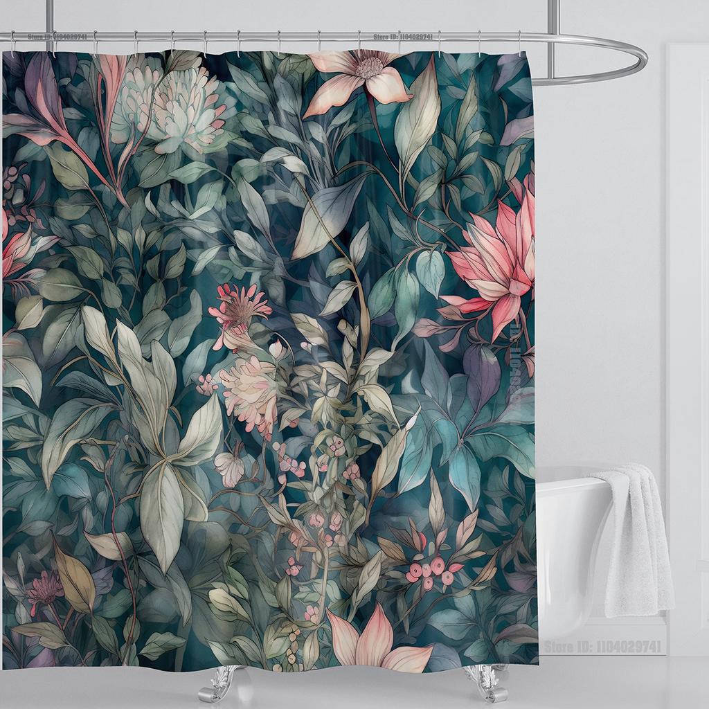 Aquatic Plants Floral Shower Curtain Waterproof Shower Curtain Polyester Fabric 3D Printed Curtain Bathroom Decoration With Hook