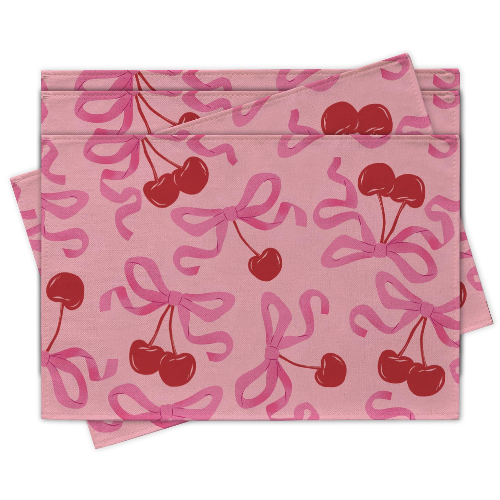 

Pink Bow Cherry Placemats Set of 4, Coquette Ribbon Fruit Preppy Dining Place Mats Table Decor, Girly Aesthetic Home Kitchen Decoration 12 x18 4Pcs-12 X18