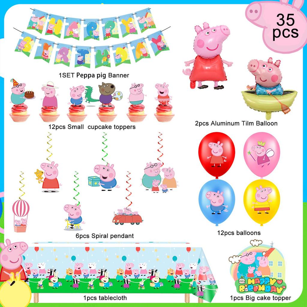 35Pcs Cartoon Party Decorations Set, Cartoon Birthday Party Supplies-Cartoon Birthday Decors Banners Tablecloth Spirals&Cartoon Balloons Cake Toppers