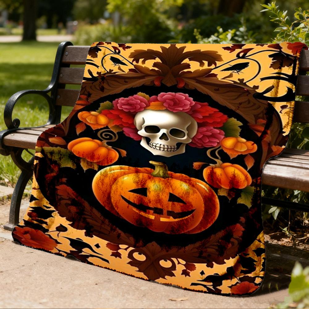 1pc Pumpkin Skull Art Print Outdoor Blanket, Lightweight Polyester,